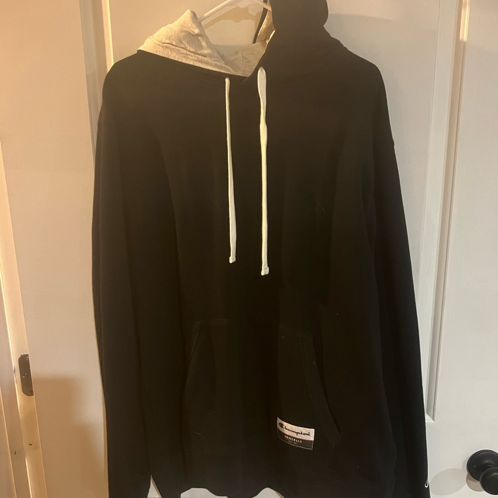 Champion Black Hoodie with White Drawstrings